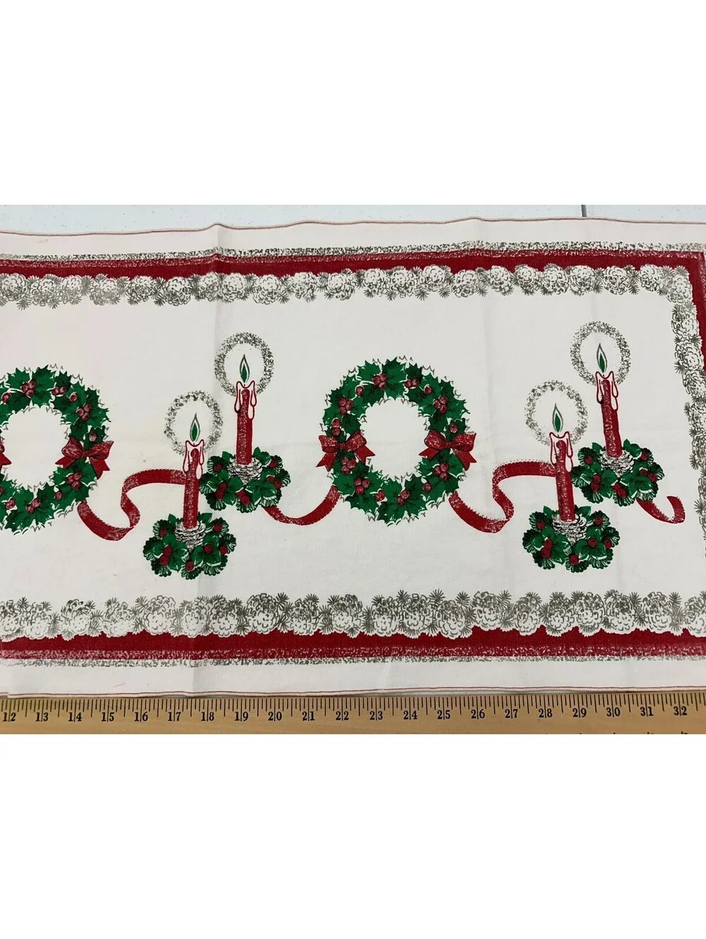 Vintage Christmas Table Runner Wreath Candle Holly Bows Linen? Cotton? 16